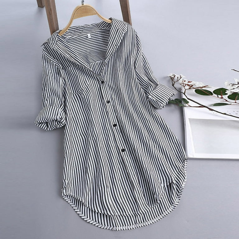 HAPIMO Sales Women's Fashion Shirts T-Shirt Clothes for Women Button Down  Lapel Pullover Striped Color Block Tops Long Sleeve Blouse Cozy Casual