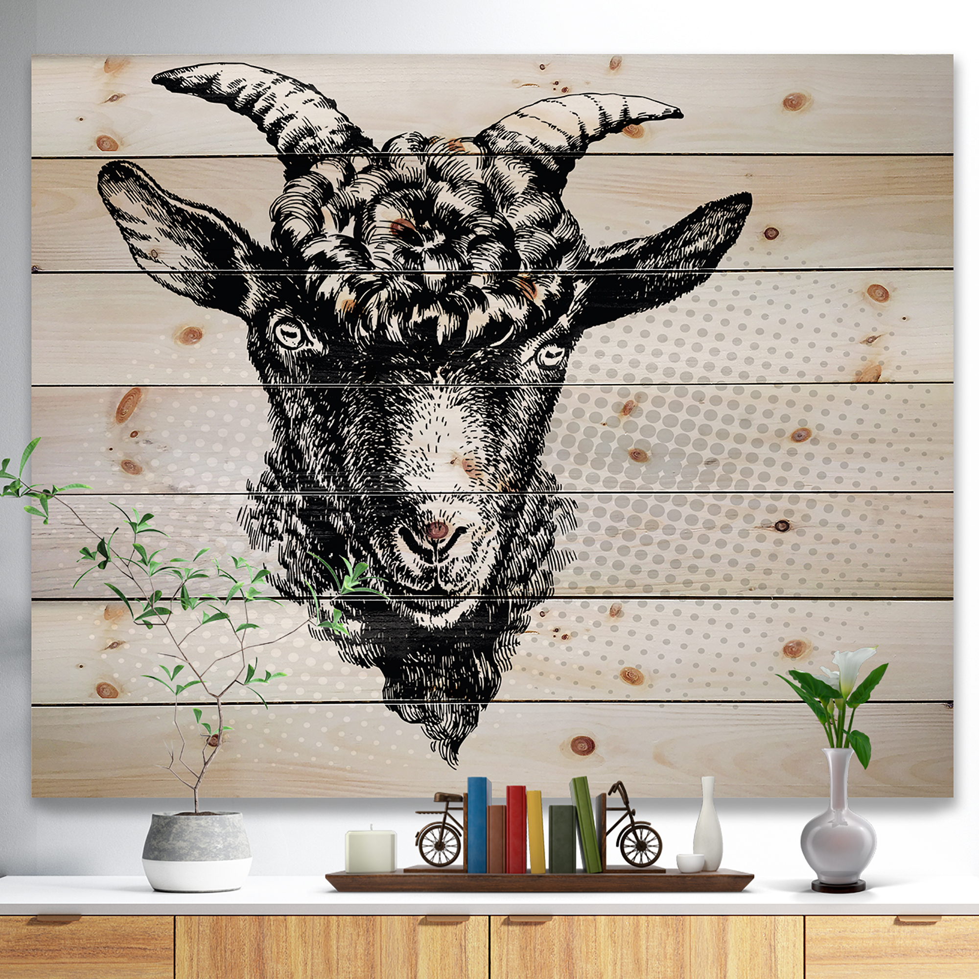 Designart 'Black Goat' Farmhouse Animal Painting Print on Natural Pine Wood