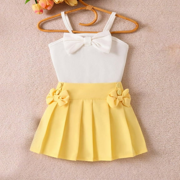 Zpanxa Girls 2 Piece Pleated Skirt Set Sleeveless V Neck Cami Tops with Matching Solid Color Pull On Pleated Short Skirt Soft Comfy Sweet Casual Outfits for Kids Ages 2-7 Years Daily Play
