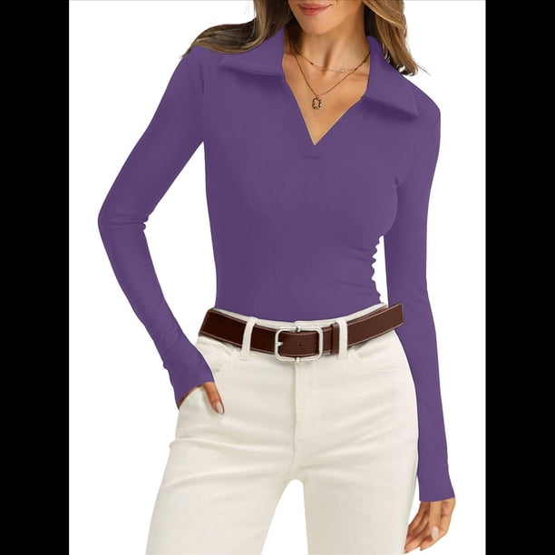 Camisas de Mujer de Larga, Informales, de Negocios, con Cuello en V, Suéter de Punto Acanalado, Blusas Ajustadas. Púrpura M