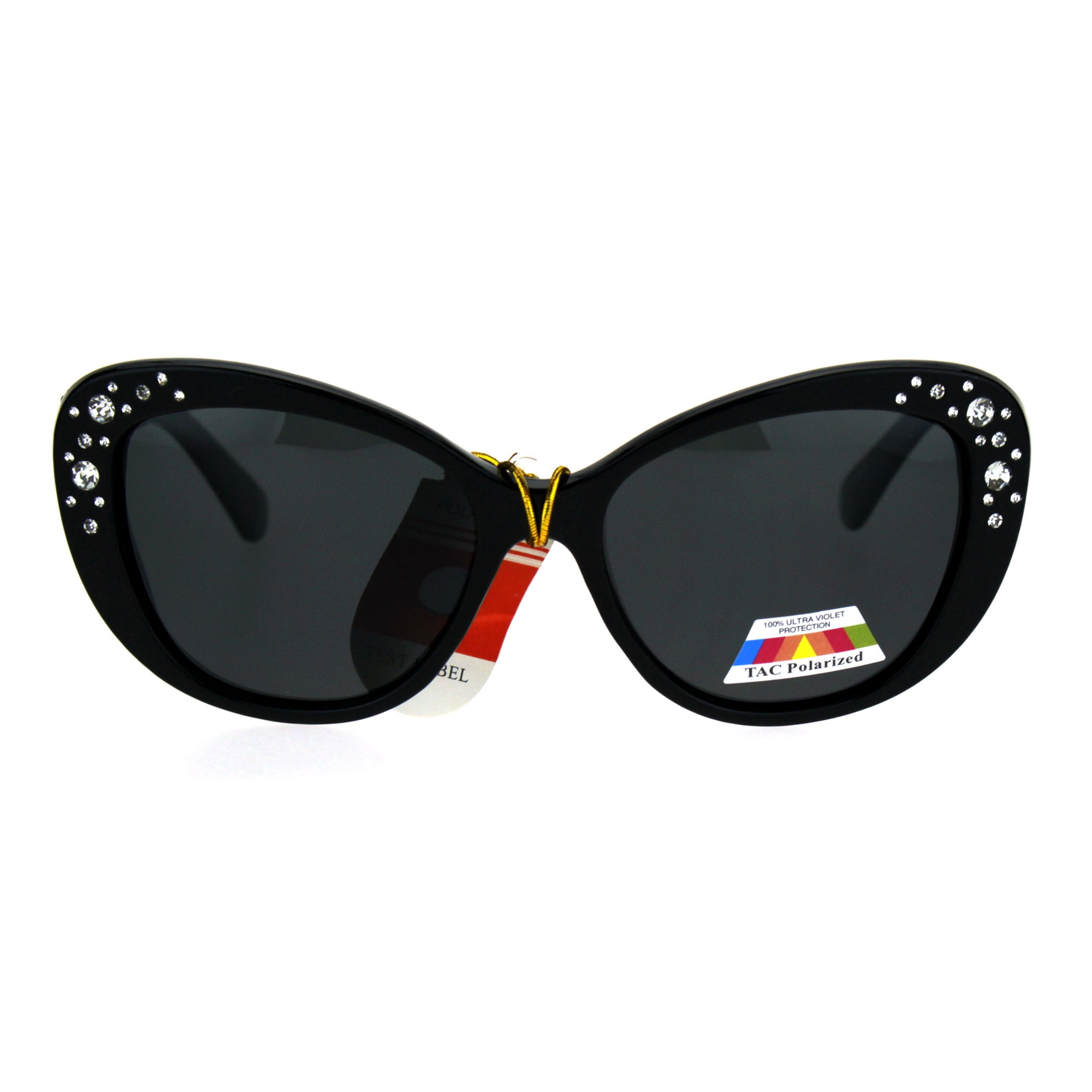 Antiglare Polarized Rhinestone Bling Thick Plastic Cat Eye Diva Sunglasses All Black