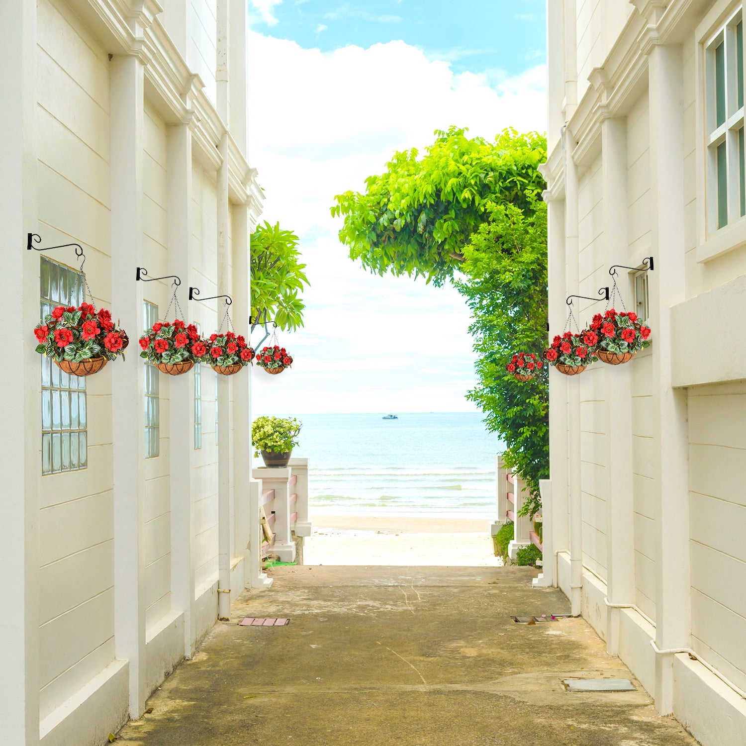 INXUGAO Red Artificial Silk Gardenia Flowers in 12 inch Coco Lining Hanging Baskets
