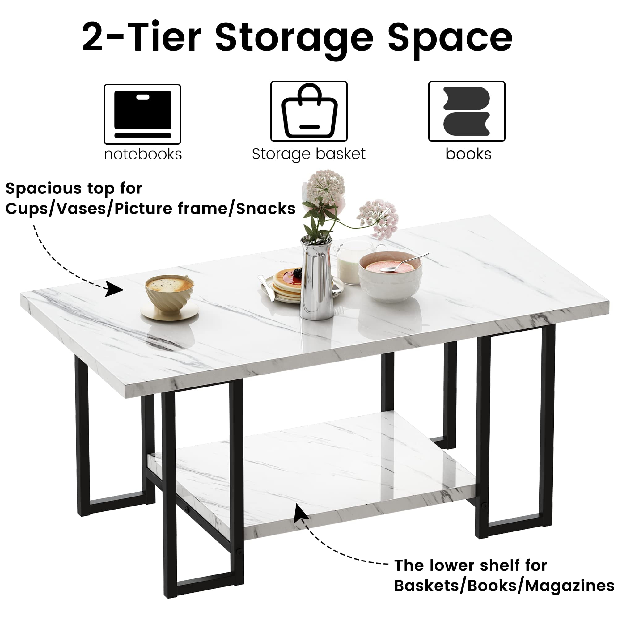 Baxluxe Long Coffee Table with Storage Tea Table Rectangle Coffee Table for Living Room,Faux Marble Sofa Table 2-Tier Storage Center Table,Table Modern Coffee Table,SWhite & Black