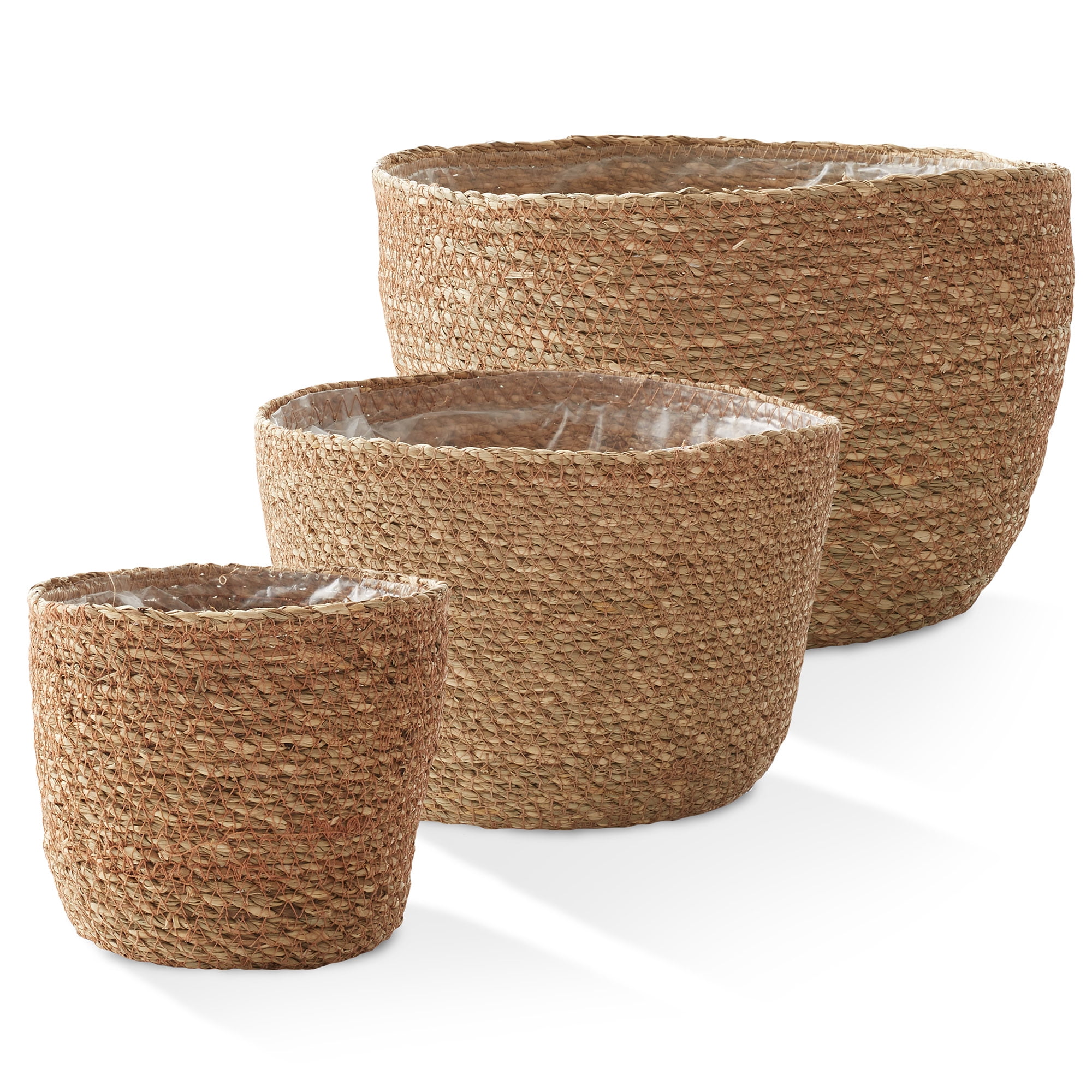 Casafield Set of 3 Seagrass Planter Baskets - Natural, Hand Woven Indoor Flower Pot Covers with Liners for Plants, Succulents, Home Decor