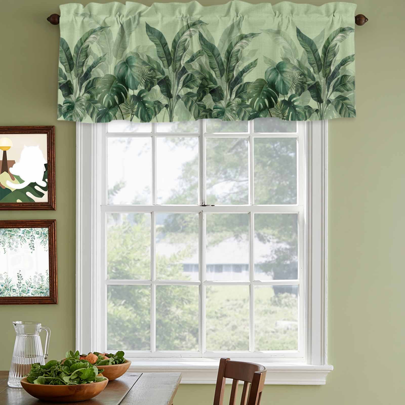2 Pack Valances for Windows, Palm Leaves Tropical Window Valances for Living Room/Bedroom/Bathroom, Green Botanical Summer Green Ombre Light Filtering Kitchen Curtain Valance 54"W x18" L