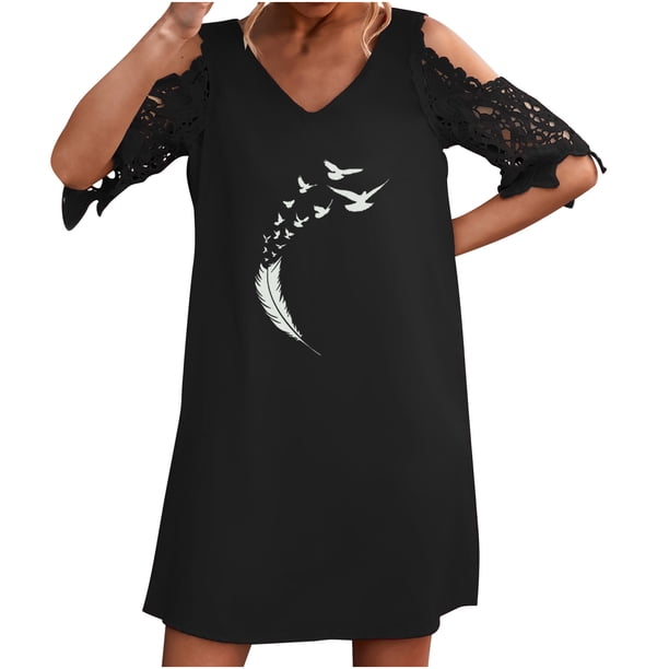 Vestidos de manga corta con hombros descubiertos y encaje con cuello en V estampado sexy de verano para mujer Fridja bnh5443