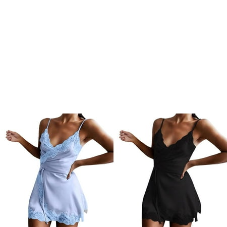 Wijhcboe 2 Pack Ladies Womens Night Shirt Stretch Satin Nightdress Sexy Pajama Gown Lingerie Home Pajamas For Nightshirts Women Night Shirts for Women Womens Nightshirts Button down