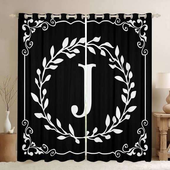 Homewish Letter Monogrammed J Black Out Curtains For Kids Children Teens,Exotic Style Curtains Pack of 2 (42x63 Each),Tree Leaves Bedroom Curtains,Super Cozy Room Decor