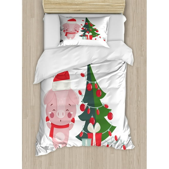 Christmas Duvet Cover Set Twin Size, Happy Smiling Rose Colored Pig with Xmas Tree and Gifts New Year Themed, Decorative 2 Piece Bedding Set with 1 Pillow Sham, White and Multicolor, by Ambesonne