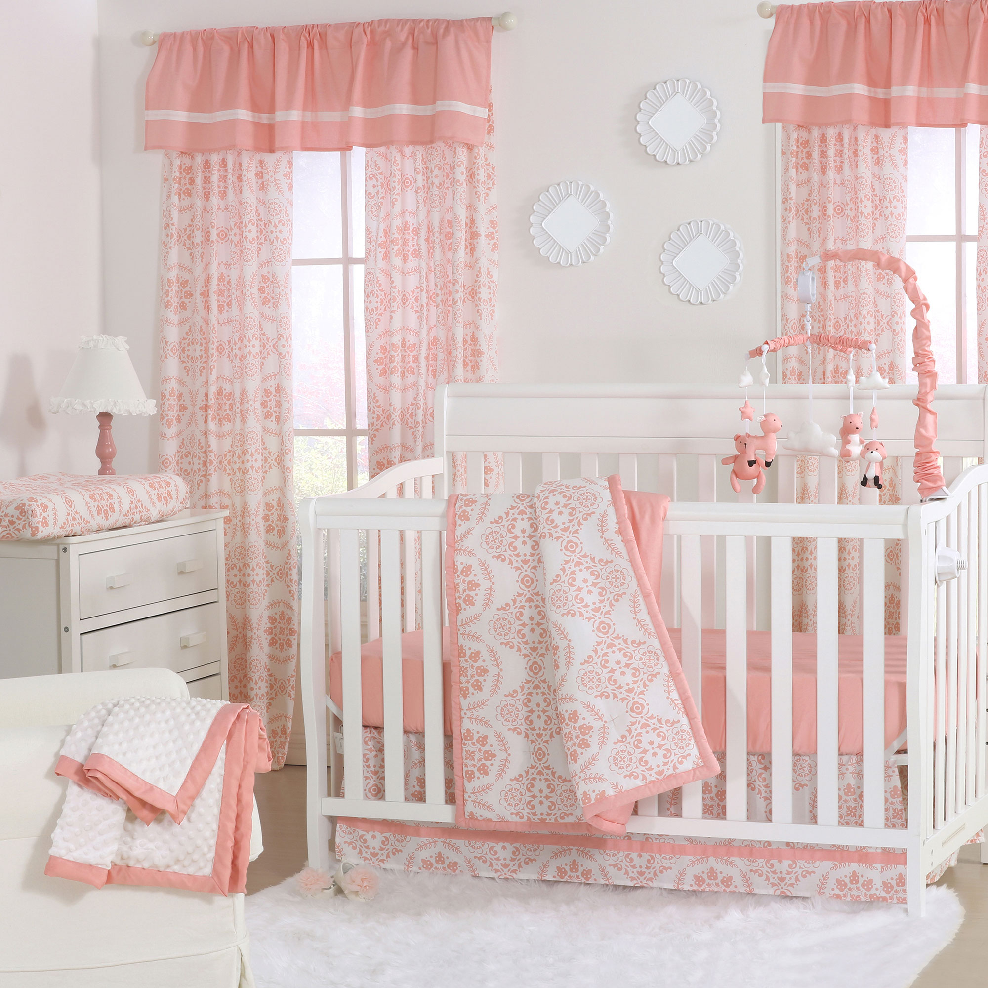 Mod Medallion Coral Pink Baby Girl Crib Bedding 11 Piece Sleep