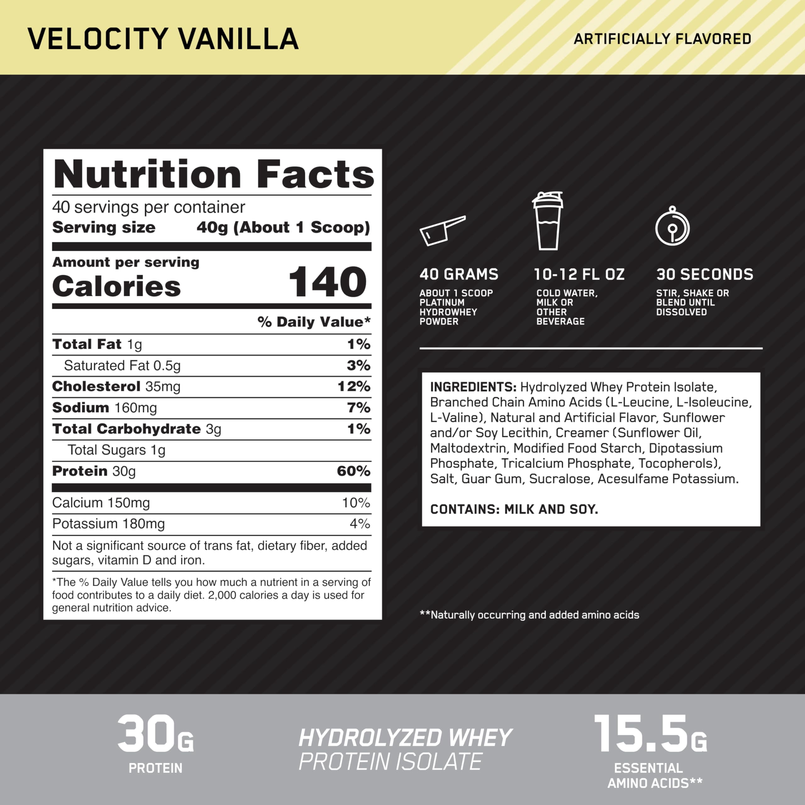Optimum Nutrition, Platinum Hydro Whey Protein Powder, Velocity Vanilla, 3.52 lb, 40 Servings