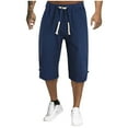 thumbnail image 2 of BXINGOHAI Men's Loose Drawstring Linen Long Shorts Summer 3/4 Below Knee Capri Pants Today Navy,4XL, 2 of 6