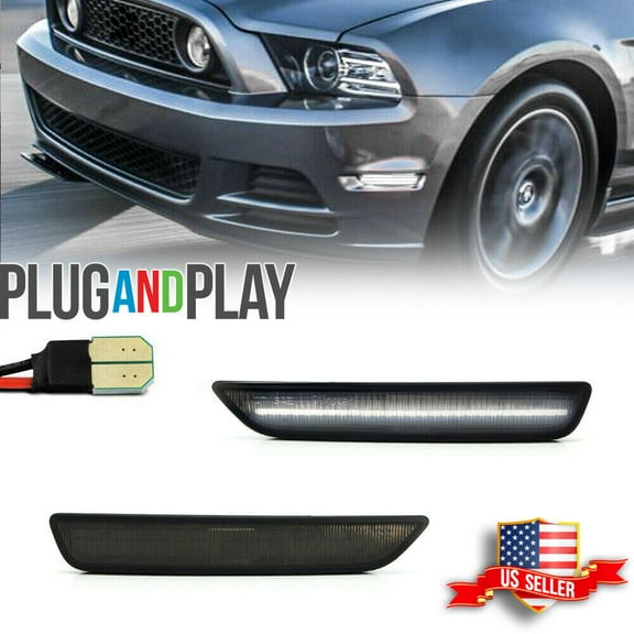 GTINTHEBOX Smoked Lens Front Bumper Side Marker White LED Lights For 2010-2014 Ford Mustang