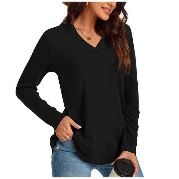Womens V Neck T Shirts, Long Sleeve Shirts for Women Fall Casual Vintage Loose Fit Solid Color Crewneck Tees Workout Tops S-2XL