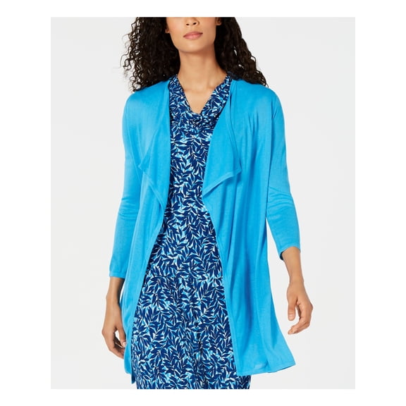 KASPER Womens Blue 3/4 Sleeve Open Cardigan Sweater S