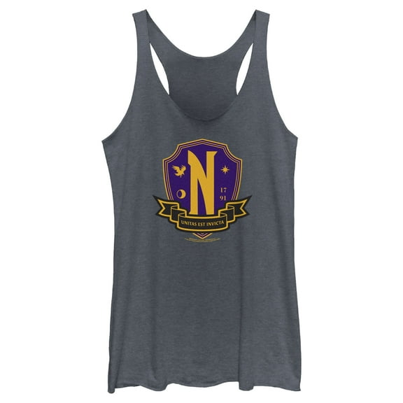 Women's Wednesday Nevermore Academy Crest Racerback Tank Top Navy Blue Heather X Small