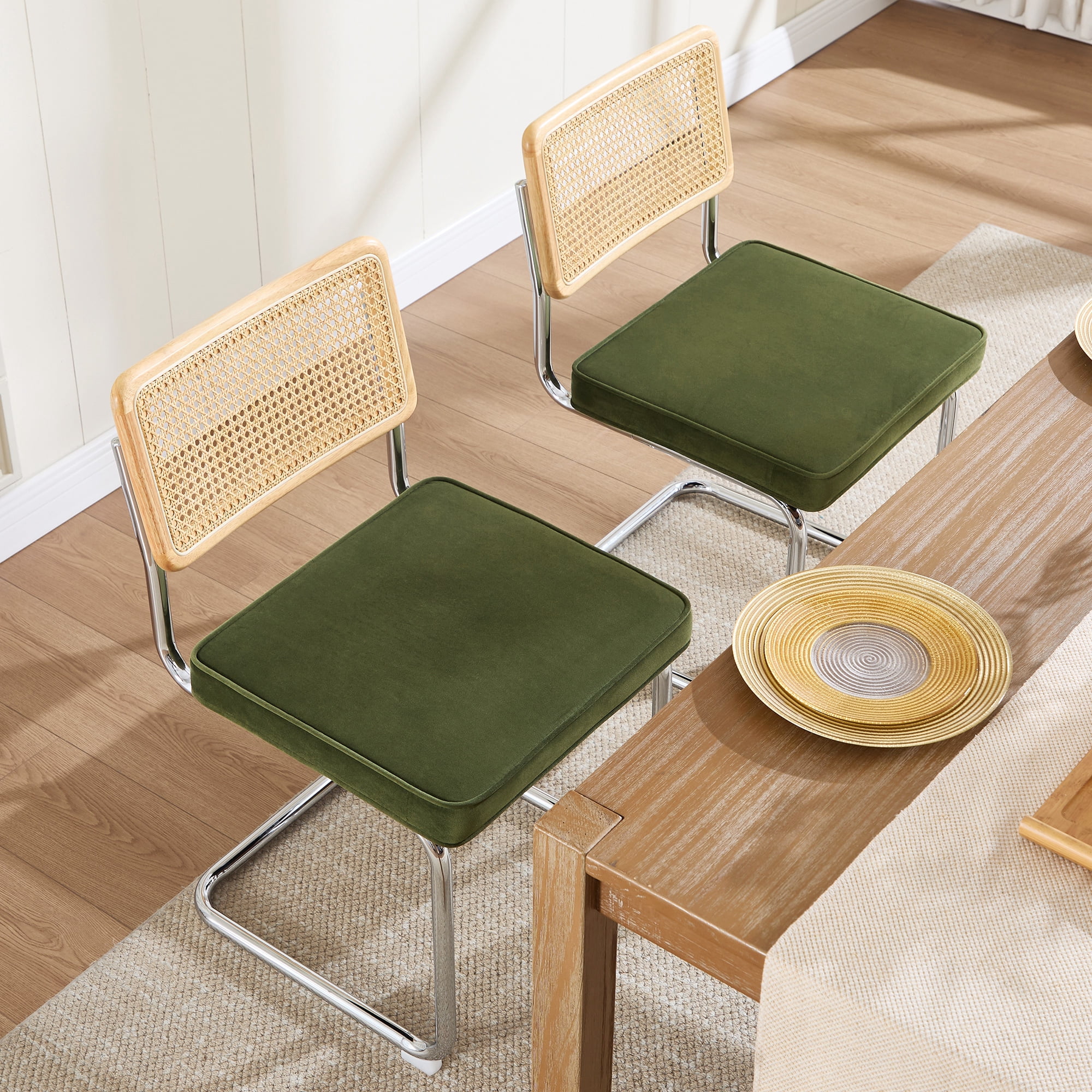 Zesthouse Rattan Dining Chairs Set of 4, Velvet Upholstered Dining Chairs with Cane Back and Chrome Legs, Mid Century Modern Kitchen Side Chairs for Living Room, Green