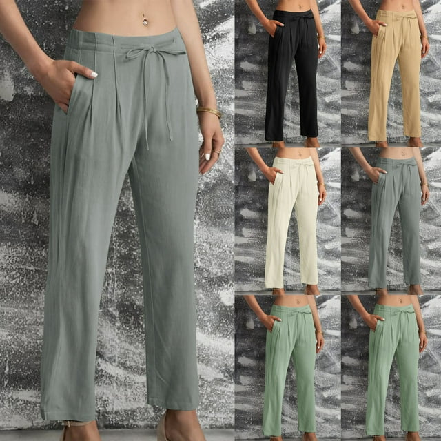 Sentmoon Womens Trouser Pants Solid Color Drawstring Elastic Waist Womens Work Pants Oversized Linen Active Loose Pants for Women Summer The Holiday for Travel and Vacation Khaki L