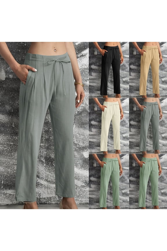 Womens High Waisted Linen Pants Wide Leg Drawstring Lounge Trousers Loose Fit Summer Casual Pants with Pockets Beige M