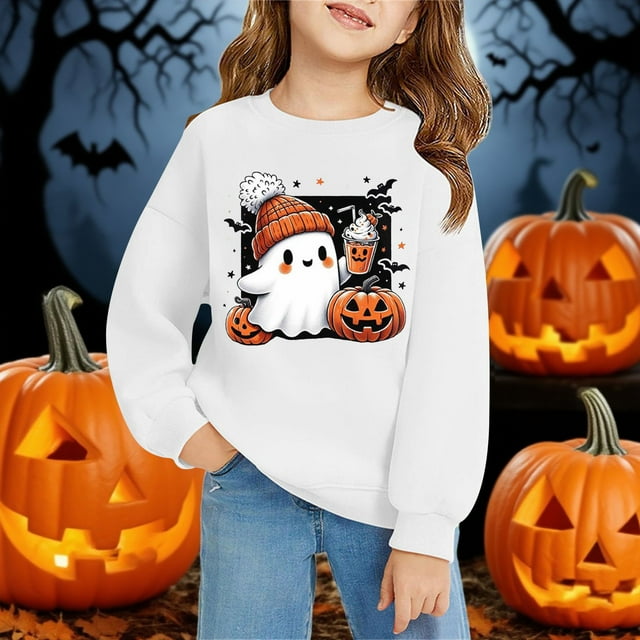 Chandail en Molleton Décontracté et à la Mode pour Enfants Halloween Imprimé 2D Col Rond Manches Longues Blanc
