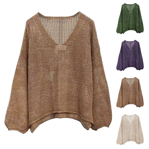 Endives Womens Summer Crochet Tops Sweaters Resort Wear Long Sleeve Hollow Out Knit Tops Beach Coverup Knitted V Neck Pullover Top Purple M