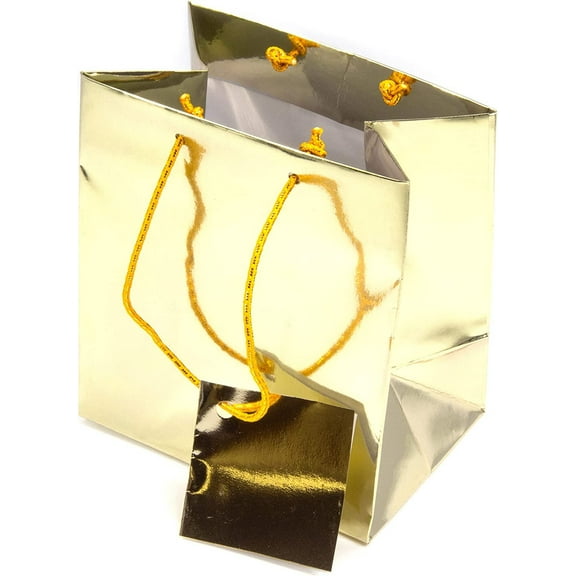 NicePackaging 10 Qty Glossy Gold Metallic Paper Tote Gift Bags 4in x 2.75in x 4.5in For Birthdays/Holidays/Parties/Gifts/Sales/Showers/Special Occasions 4 Sizes