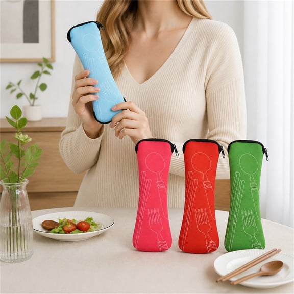 Portable Zipper Tableware Storage Pouch, Wear Resistant Fabric Spoon Fork Bag for Travel, Cutlery Not Included, 1 Bag