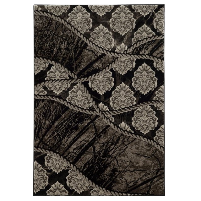Jewel Ybor brown and black 5' x 7'6" area rug featuring a floral damask design with diagonal twisted rope accents.