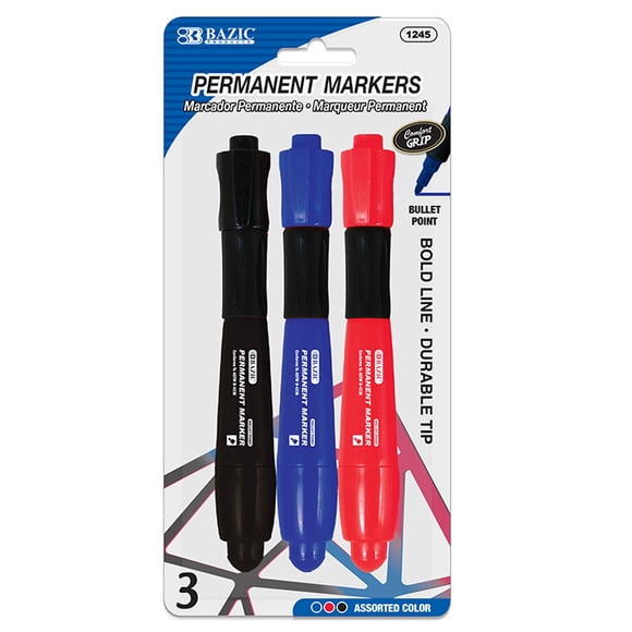 Bangkit 1245-24 BAZIC Asst. Color Bullet Tip Jumbo Permanent Marker w/ Grip (3/Pk)