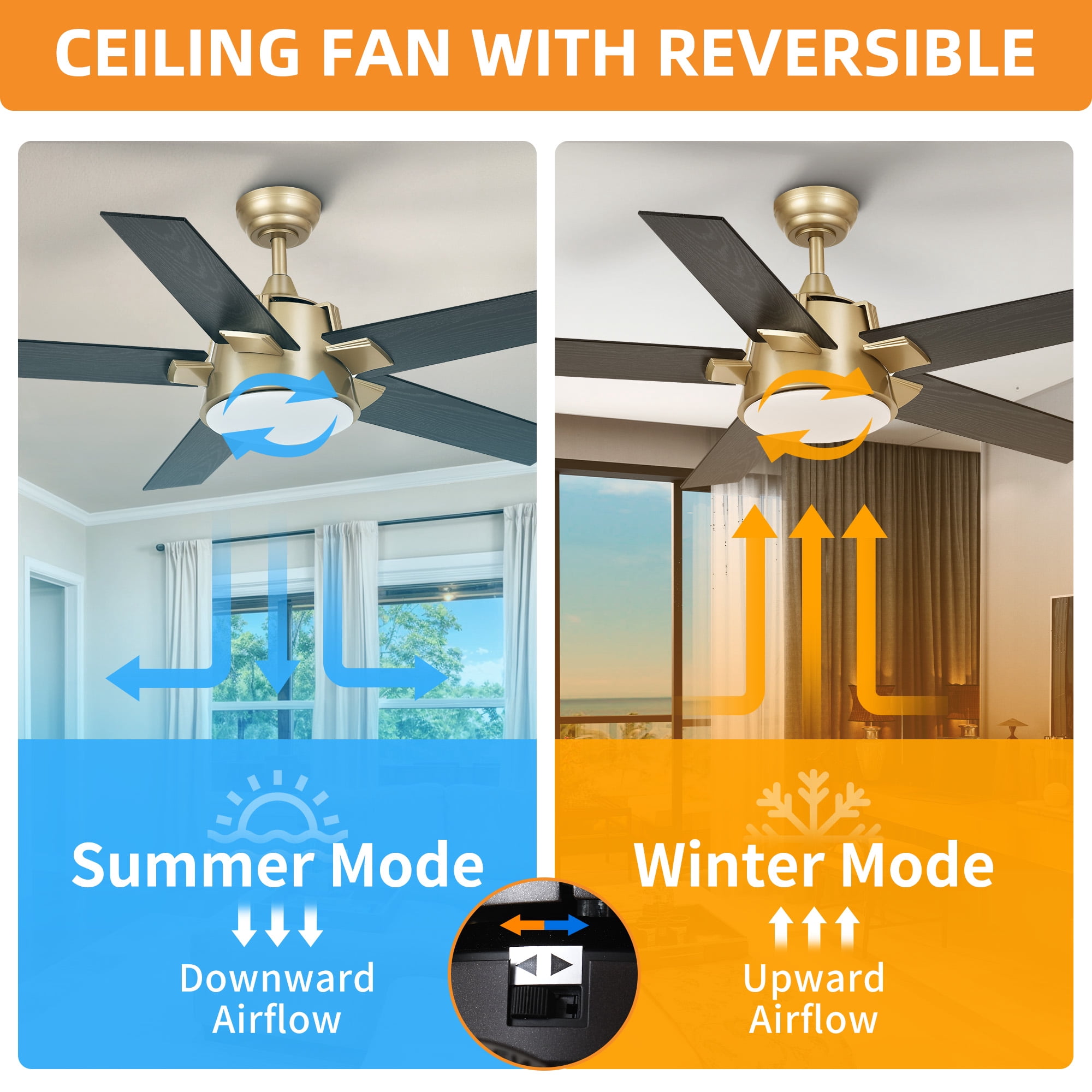 Craftian 52 Inch Modern Ceiling Fan with Light and Wall Switch Remote, Smart Ceiling Fan with 6-Speed 5 Blades - Black & Gold