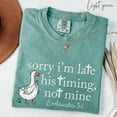 thumbnail image 2 of "Sorry I'm Late His Timing Not Mine" T-Shirt – Humorous Faith-Based Tee with Goose Graphic & Ecclesiastes 3:1 Scripture, 2 of 6