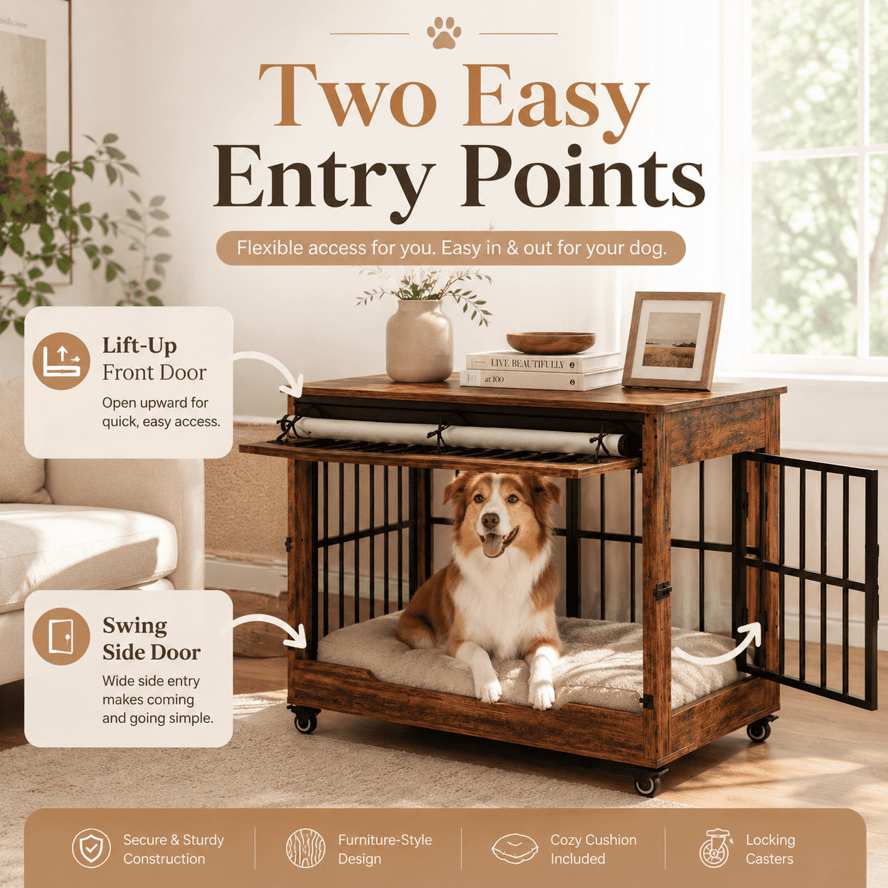 Aukfa 38.6-Inch Large Dog Crate Furniture, Indoor Dog Kennel Decorative Pet Cage End Table, Lift-Up Door, Curtain & Wheels,Brown