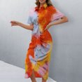 thumbnail image 4 of Neinkie Robe Chemise à Revers à Manches Courtes Taille Haute avec Patte de Boutonnage, Couleur Dégradée, Taille à Lacets, Robe Midi Drapée, Vêtements pour Femme, 4 of 7