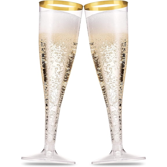 50 Pack Gold Rimmed Plastic Champagne Flutes 5 Oz Clear Plastic Toasting Glasses Fancy Disposable Wedding Party Cocktail Cups with Gold Rim