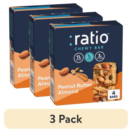 (3 pack) Ratio Chewy Protein Bar, Peanut Butter Almond, Keto Friendly, 5.6 oz (4 Bars)