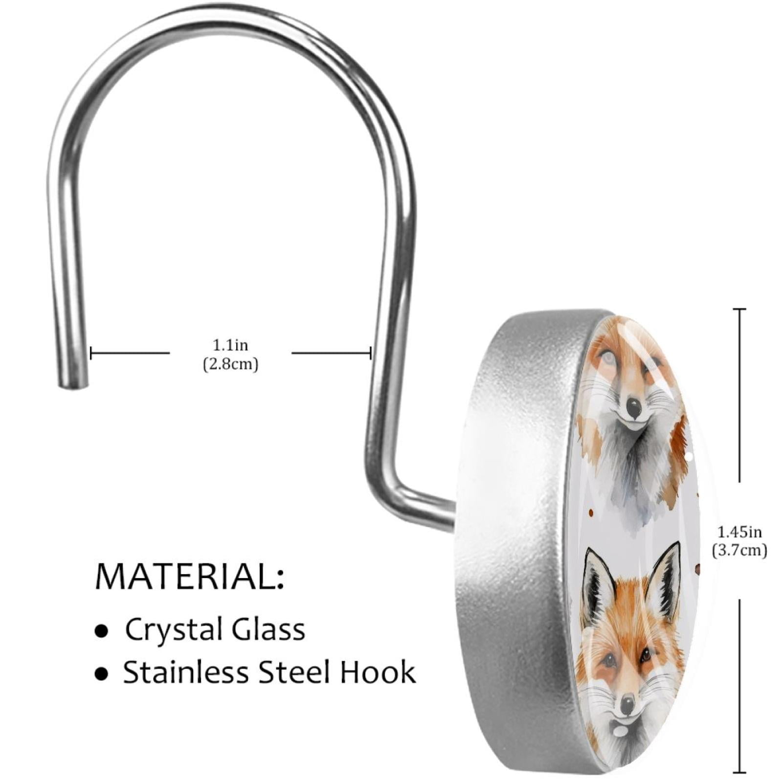Watercolor Foxes Shower Curtain Hooks Round Crystal Glass, Set of 12 Shower Curtain Rings - Shower Hooks for Curtain Shower Rings