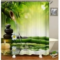 thumbnail image 3 of 4PCS/Set Zen Spa Shower Curtain Sets, White Orchid Candle Green Bamboo Basalt Massage Stone Tranquil Lake Relaxing Spiritual Meditation Bathroom Decor, Non-Slip Bath Mat, Bamboo & White Flower, 3 of 7