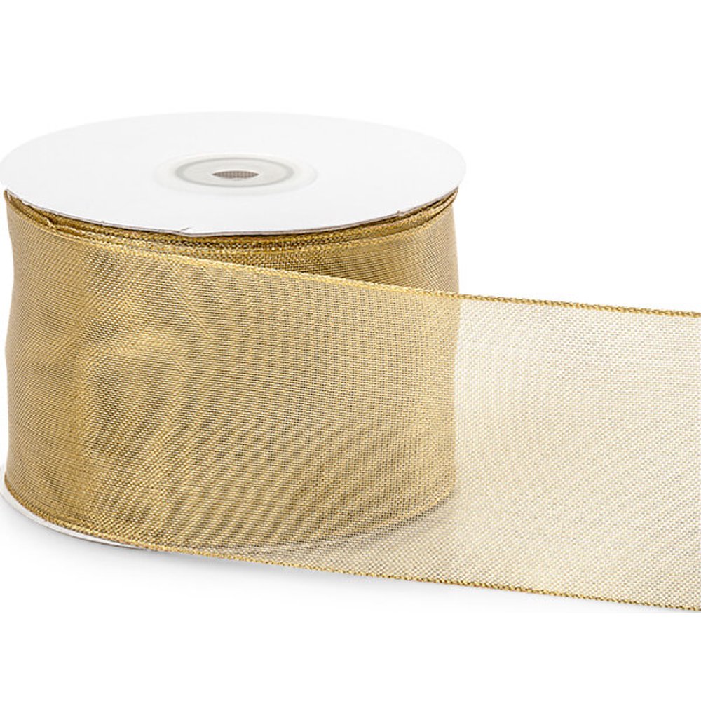 Pack Of 1, Solid Gold Wired Metallic Mesh Ribbon 2.5" X 25 Yards