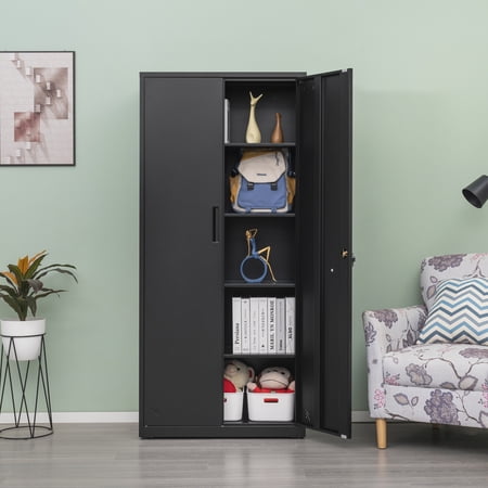 Eizigon High Storage Cabinet with 2 Doors and 4 Partitions to Separate 5 Storage Spaces  Home/ Office Design
