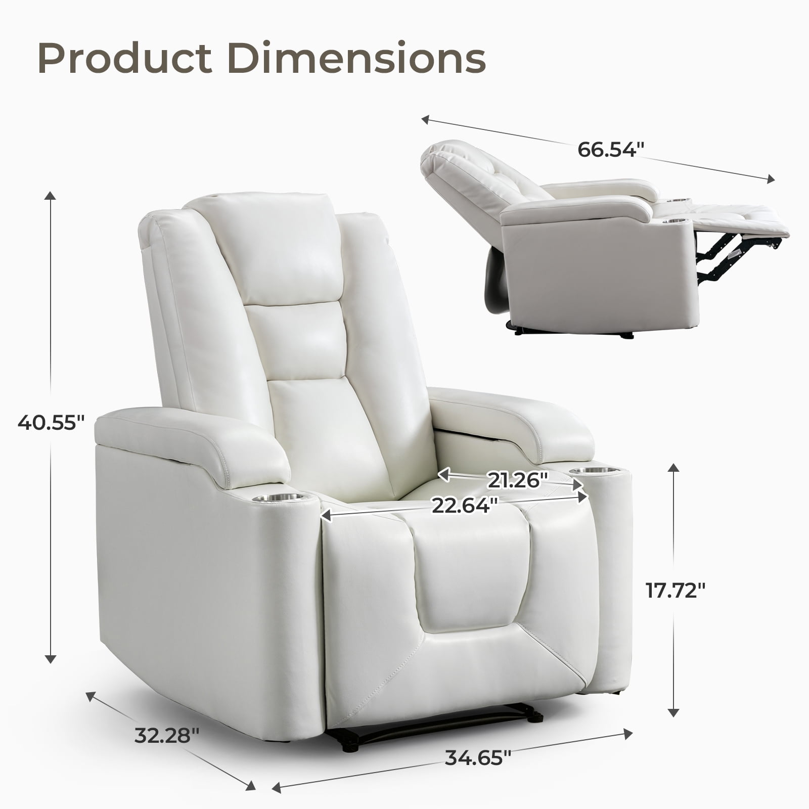 Bonzy Home Electric Power Recliner Chair, PU Leather Home Theater Seating Reclining Chairs with Cup Holders, USB Port, Adjustable Backrest & Hidden Arm Storage, White