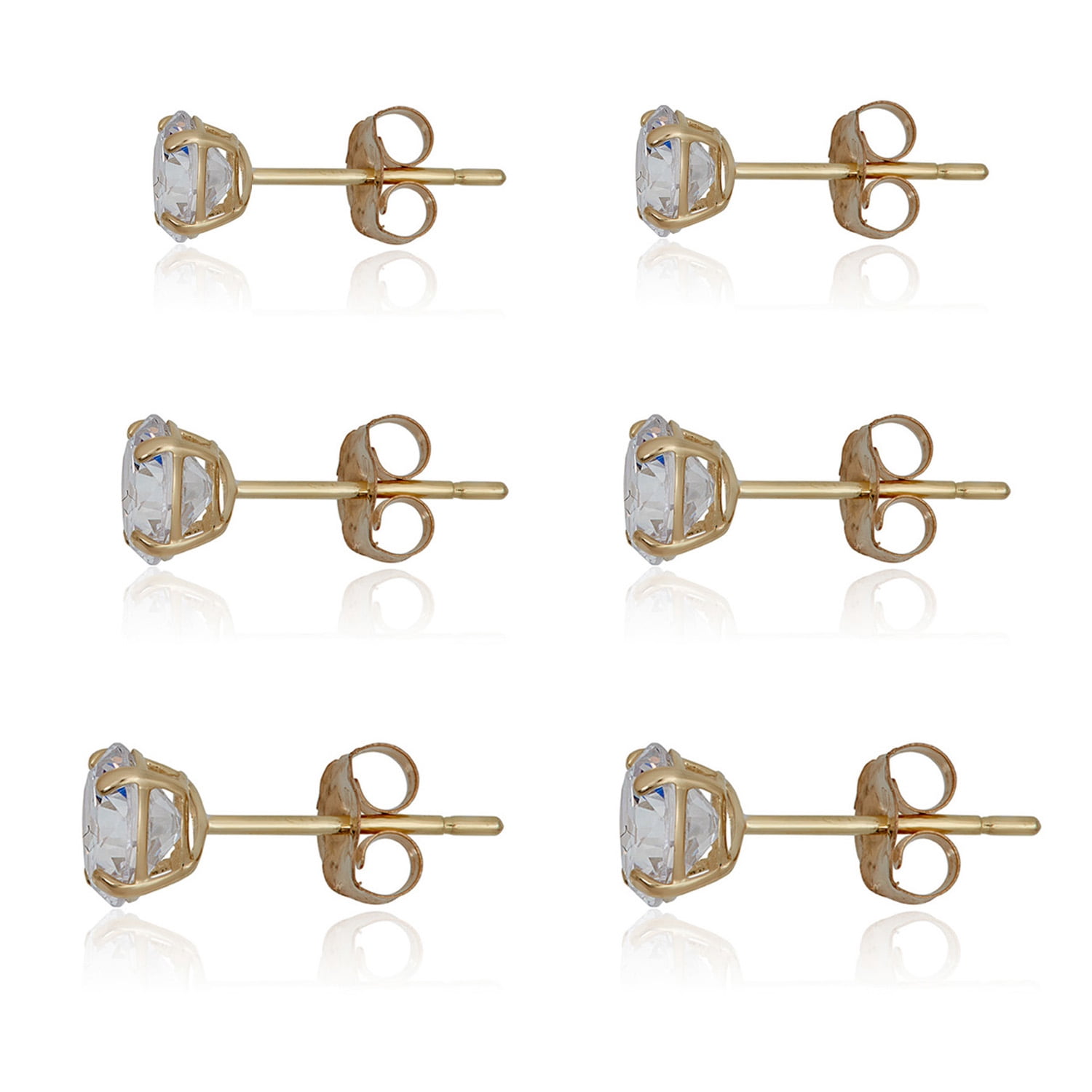 AVORA 3-pair 10K Yellow Gold Round Simulated Diamond CZ Stud Earrings Set, (6mm, 7mm & 8mm)