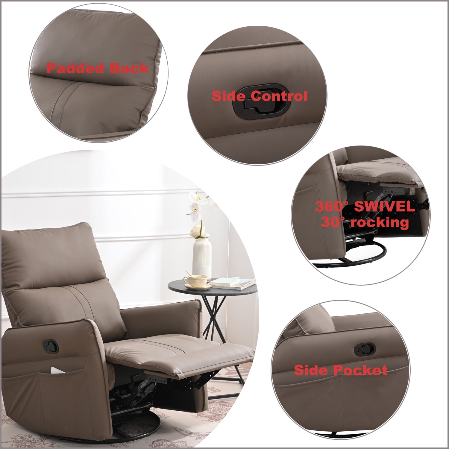Kadyn Rocking Recliner Chair, 360 Degree Swivel Nursery Rocking Chair, Home Theater Seating with USB Charging Ports for Living Room Bedroom, Brown Kadyn Rocking Recliner Chair, 360 Degree Swivel Nursery Rocking Chair, Home Theater Seating with USB Charging Ports for Living Room Bedroom, Brown