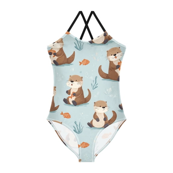 Girls' One-piece Swimsuit Cross Back Bathing Suit Beach Surfing Sizes 3T-10T Cute Otters in Various Poses
