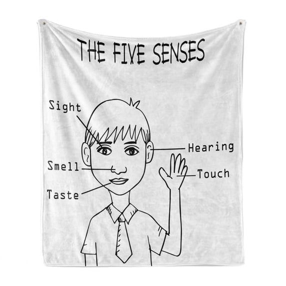 Educational Soft Flannel Fleece Throw Blanket, 5 Senses Shown on Little Boy Portrait Explanatory Texts Monochrome Drawing, Cozy Plush for Indoor and Outdoor Use, 60" x 80", Black White, by Ambesonne