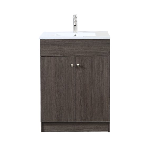 24" Bathroom Vanity with Ceramic Sink in Dark Paulownia Wood Texture Finish