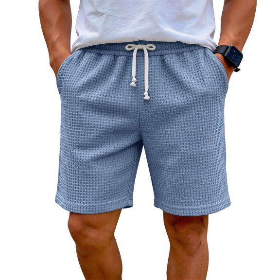 Domuza Mens Casual Shorts Drawstring Waffle Shorts Stretch Elastic Waist Summer Beach Lounge Sweat Shorts with Pockets Blue 3XL