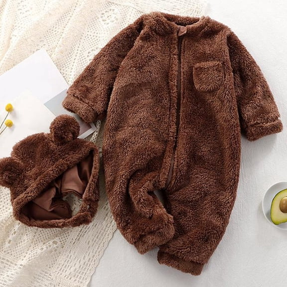CUZIBR Newborn Onesies Girl Boy Fuzzy Long Sleeve Romper With Bear Hat Set Footed Zip Up Crew Neck Jumpsuit Funny Homewear,Brown,3-6 Months