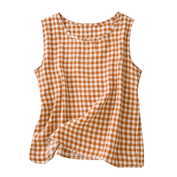 Staron Summer Tops for Women Plaid Sleeveless Shirt Round Neck Casual Beach Vacation Party Tank Top, Orange 3XL