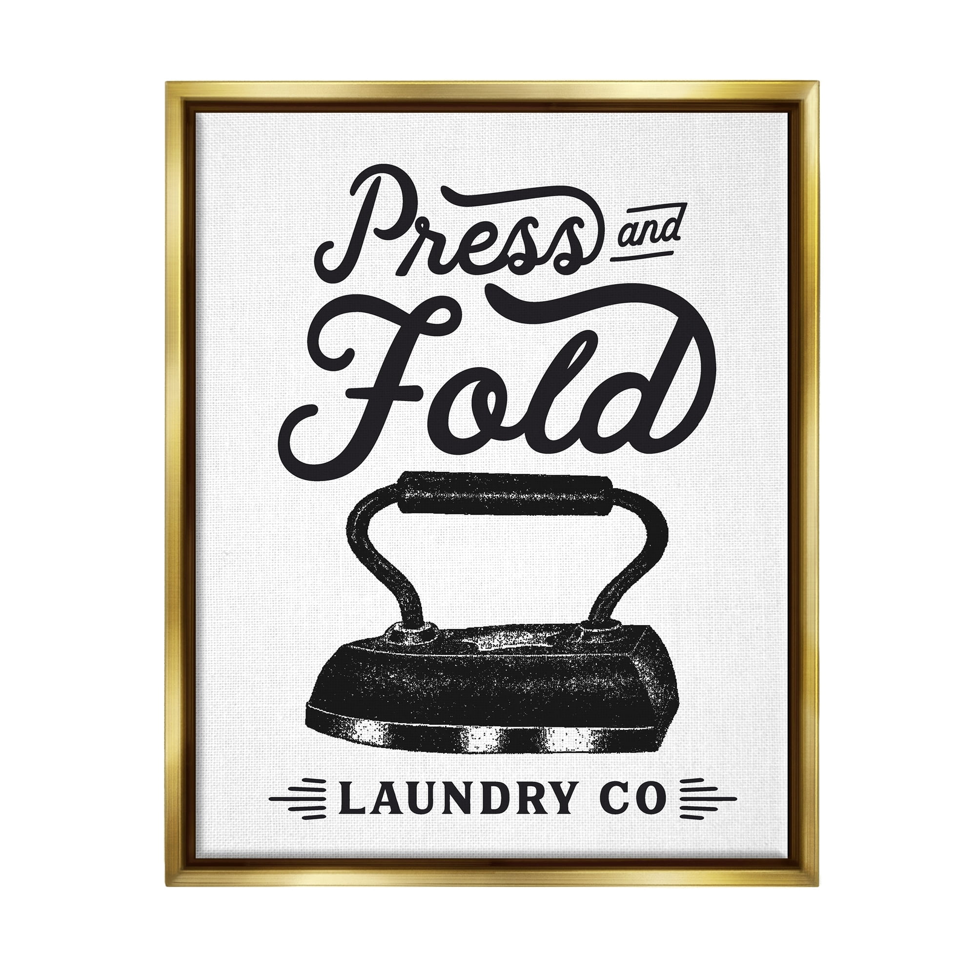 Stupell Industries Press & Fold Antique Iron Laundry Lettering Phrase Graphic Art Metallic Gold Floating Framed Canvas Print Wall Art, Design by Lettered and Lined