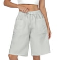 thumbnail image 3 of Womens Bermuda Jean Shorts Elastic Waisted Long Denim Short Knee Length Baggy Jeans Soft Cotton Blend for All Day Comfort. Beige L, 3 of 9